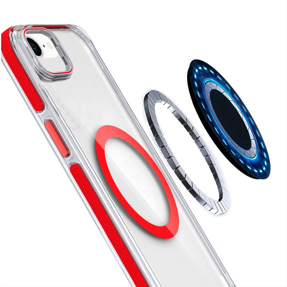 For Samsung Galaxy A17 5G Hybrid Clear Back Case with Invisible Camera Bracket Stand, MagSafe Magnetic Circle, Shockproof Color Frame Case Cover Red