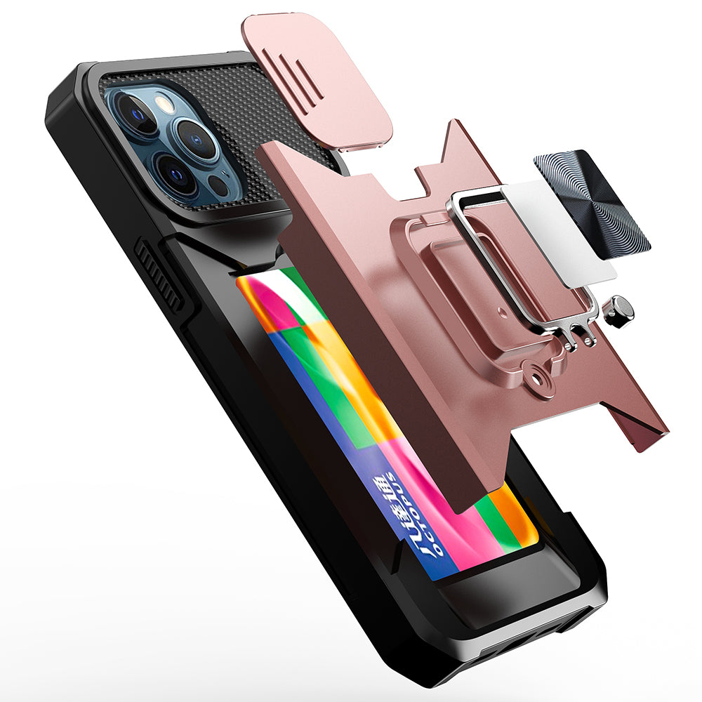 For Apple iPhone 16e Wallet Case with Ring Stand & Slide Camera Cover Back Credit Card Slot Holder, Military Grade Case Cover Rose Gold