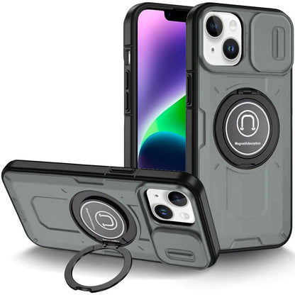 For Apple iPhone 16 (6.1") Build in Invisible Magnetic Ring Stand with Slide Camera Protector, fit Magnetic Car Mount [Compatible with MagSafe] Case Cover