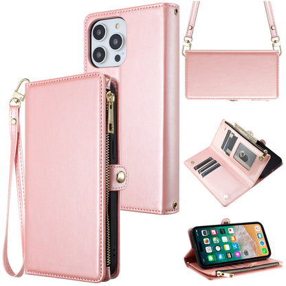 For Apple iPhone SE 4 Wallet Purse Stylish Design with Credit Card & ID Slots, Durable Zipper Storage, Adjustable Lanyard Case Cover Rose Gold