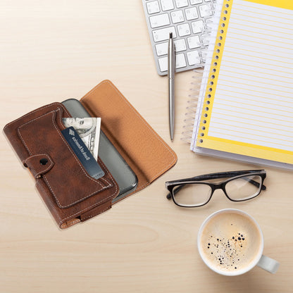 For Apple iPhone 16 Pro (6.3") Universal Pouch Case Horizontal Phone Holster Leather Cover with Pouch ID Credit Card Holder Slots and Belt Clip Loop, XL [Brown]