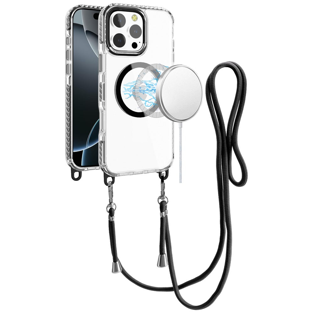 For Apple iPhone 15 Pro Max Clear Magnetic Frame PC Back Shockproof Protective Case with Detachable Lanyard Strap, Compatible with MagSafe Case Cover