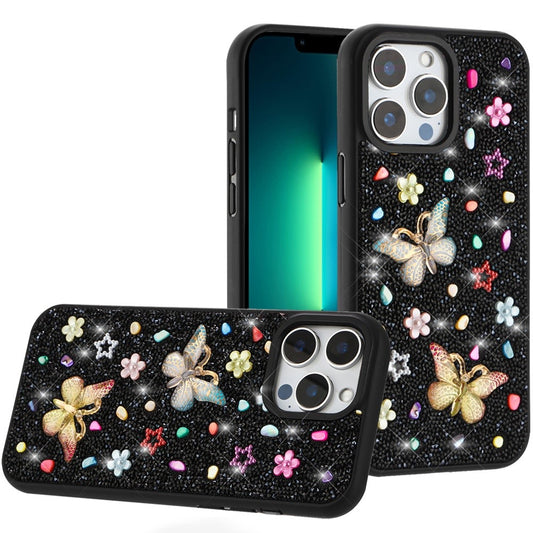 For Apple iPhone 16 Pro (6.3") Diamond Butterfly 3D Glitter Bling Design, Slim Hybrid Sparkle Protective Cover TPU for Women Girls Case Cover