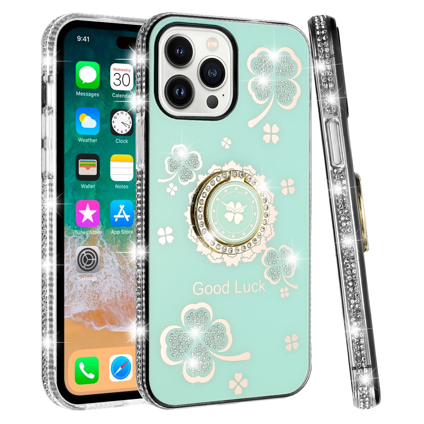 For Samsung Galaxy S25 Fan Edition /Galaxy S25 FE Diamonds Bling All Around Edges Sparkly Glitter Hybrid with Ring Stand Holder Fashion Good Luck Case Cover Teal