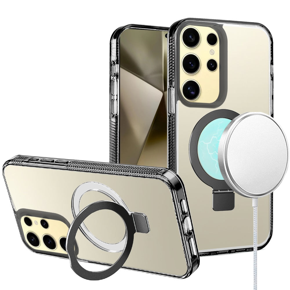For Samsung Galaxy S22+ Plus 5G Transparent Magnetic Ring Circle Stand with MagSafe Compatible Hybrid Dotted Edged Hard PC Shockproof Case Cover Black