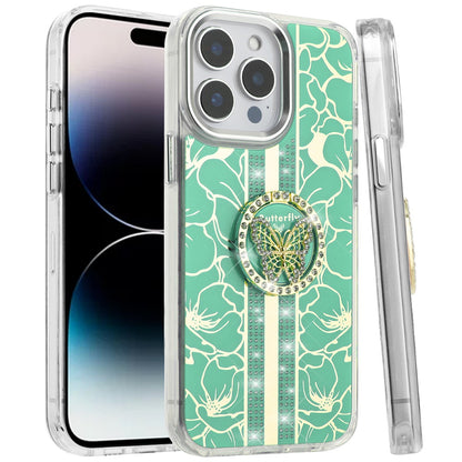 For Motorola Edge 2025 Diamonds 3D Butterfly Floral Design Bling Sparkly Glitter Hybrid Metal Fashion with Ring Stand Case Cover