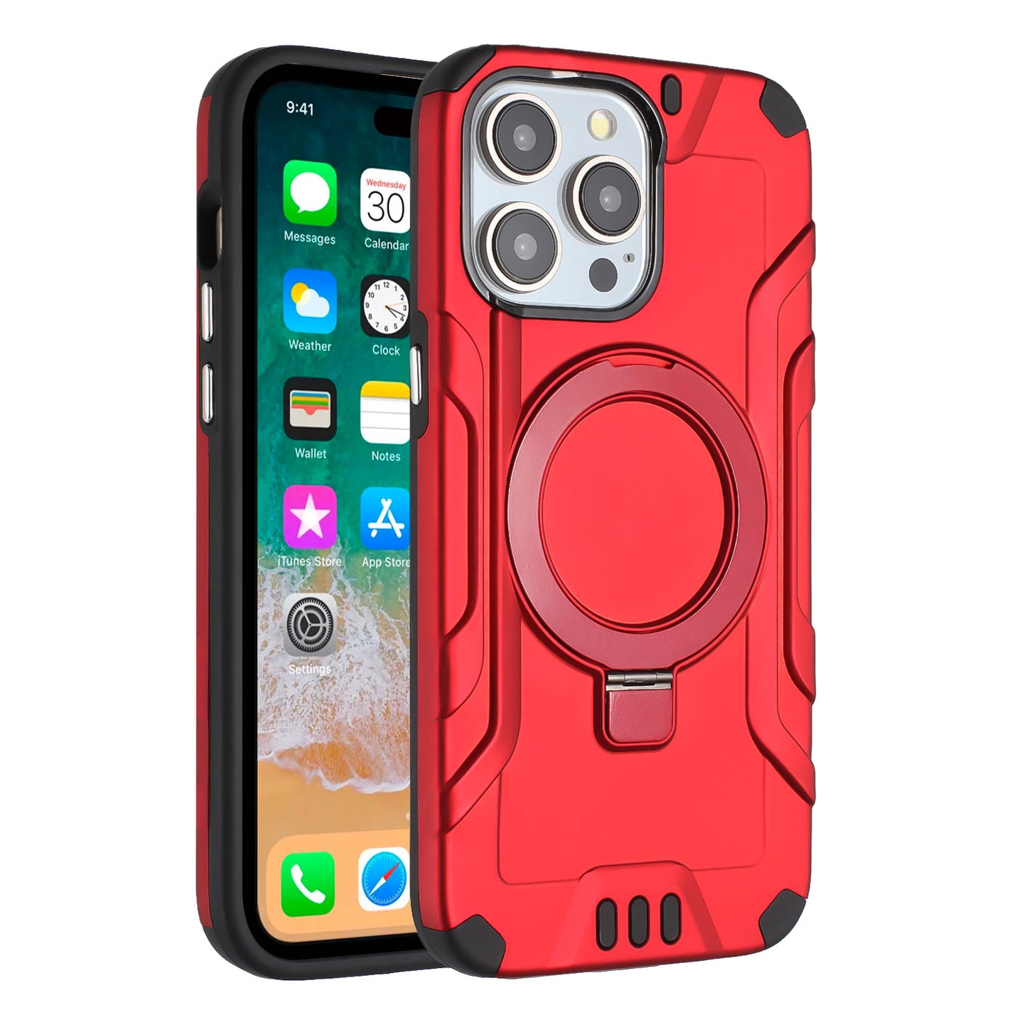 For Apple iPhone 15 /6.1" Brushed Armor Rugged Hybrid with Invisible Magnetic Circle Kickstand Shockproof Hard PC Protective Case Cover -