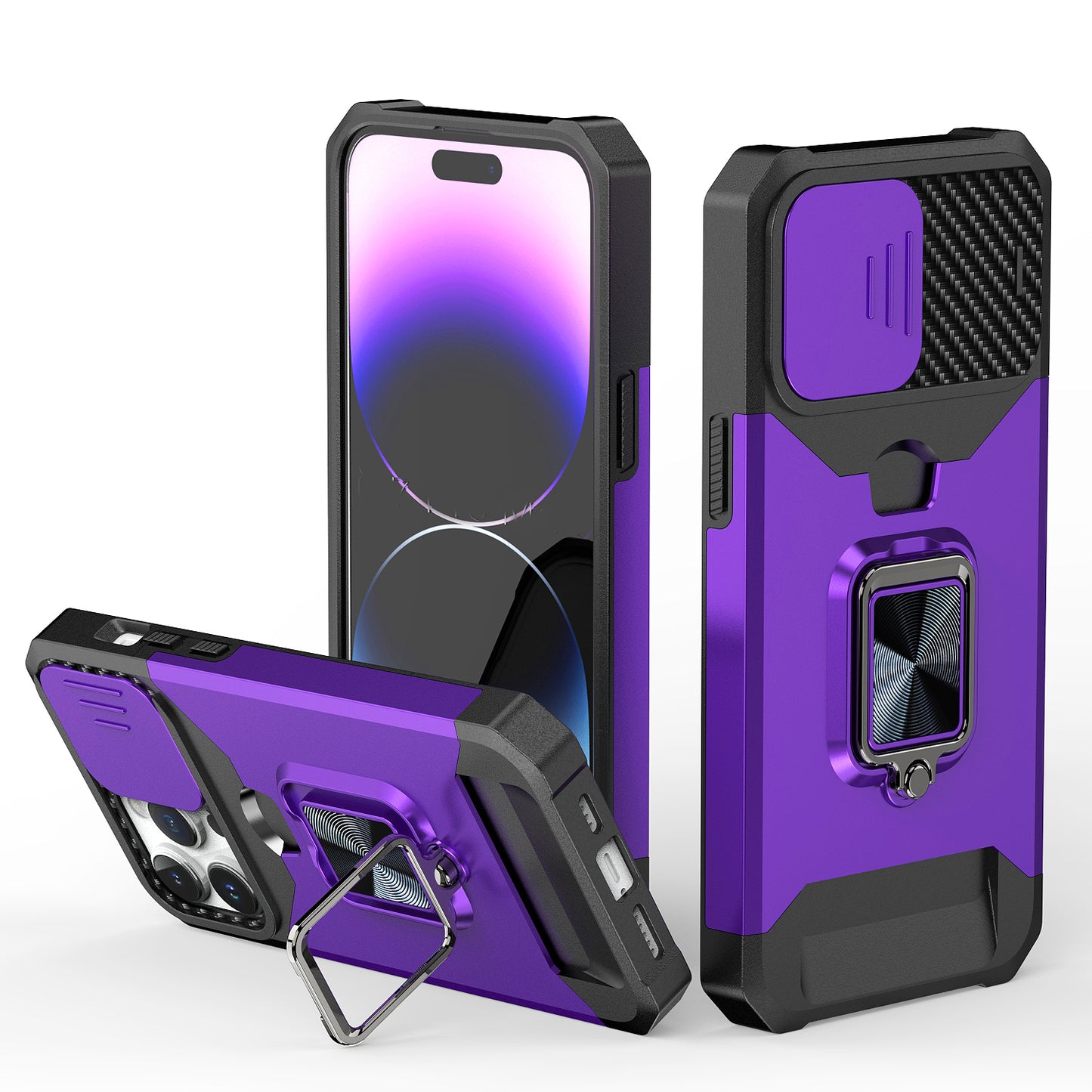 For Apple iPhone 16e Wallet Case with Ring Stand & Slide Camera Cover Back Credit Card Slot Holder, Military Grade Case Cover Purple