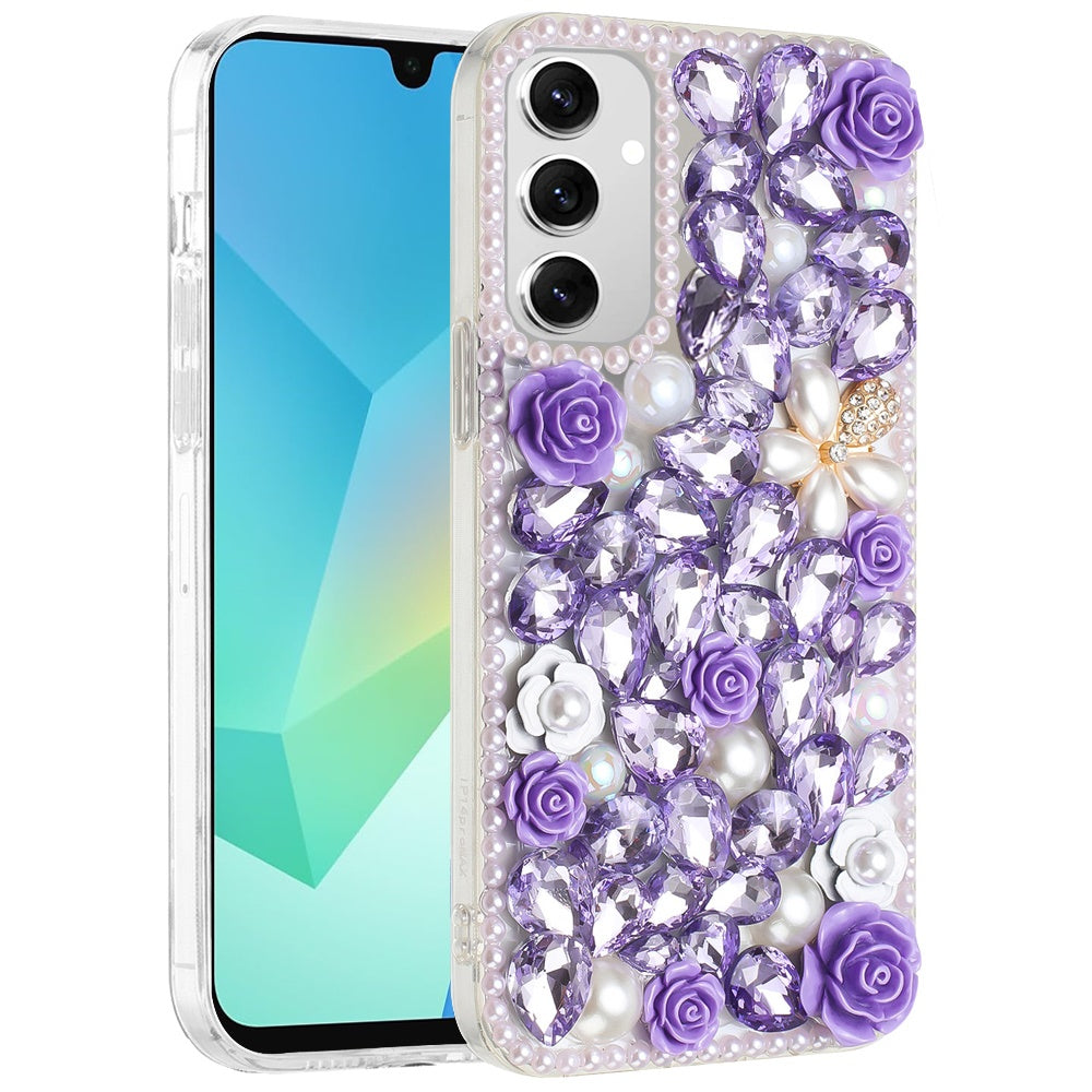 For Samsung Galaxy A16 5G Fashion Rose Flower Floral Bling Crystal 3D Full Diamonds Pearl Sparkle Rhinestone Glitter Hybrid Case Cover