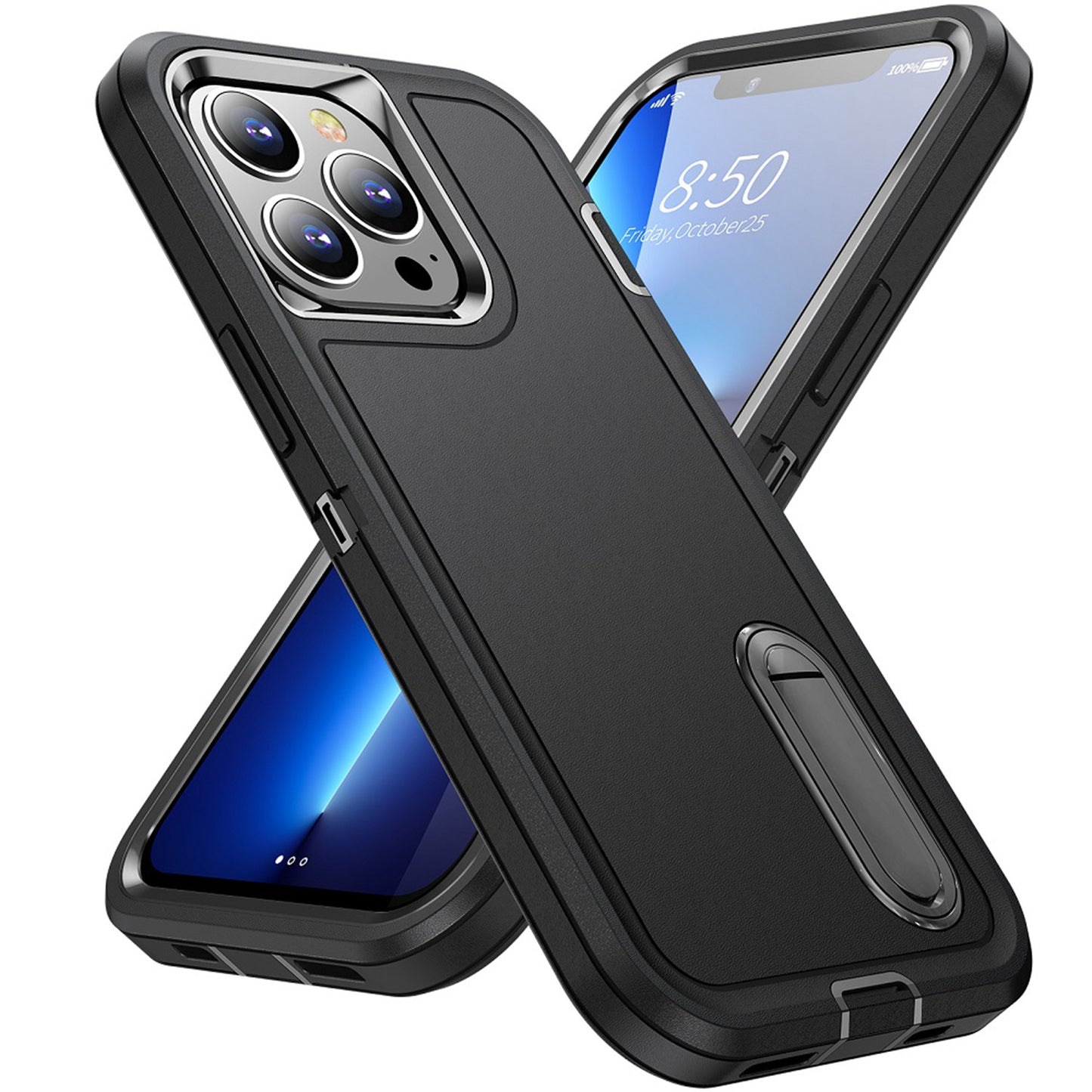 For Apple iPhone 16 (6.1") Hybrid 3 Layers Hard 3in1 Shockproof with Kickstand Heavy Duty Hard TPU Rubber Anti-Drop Case Cover Black
