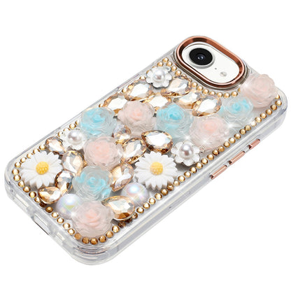 For Apple iPhone 16e Fashion Daisy Floral Series, Full 3D Bling Crystal Diamonds Sparkling Rhinestone Glitter Hybrid Design Case Cover