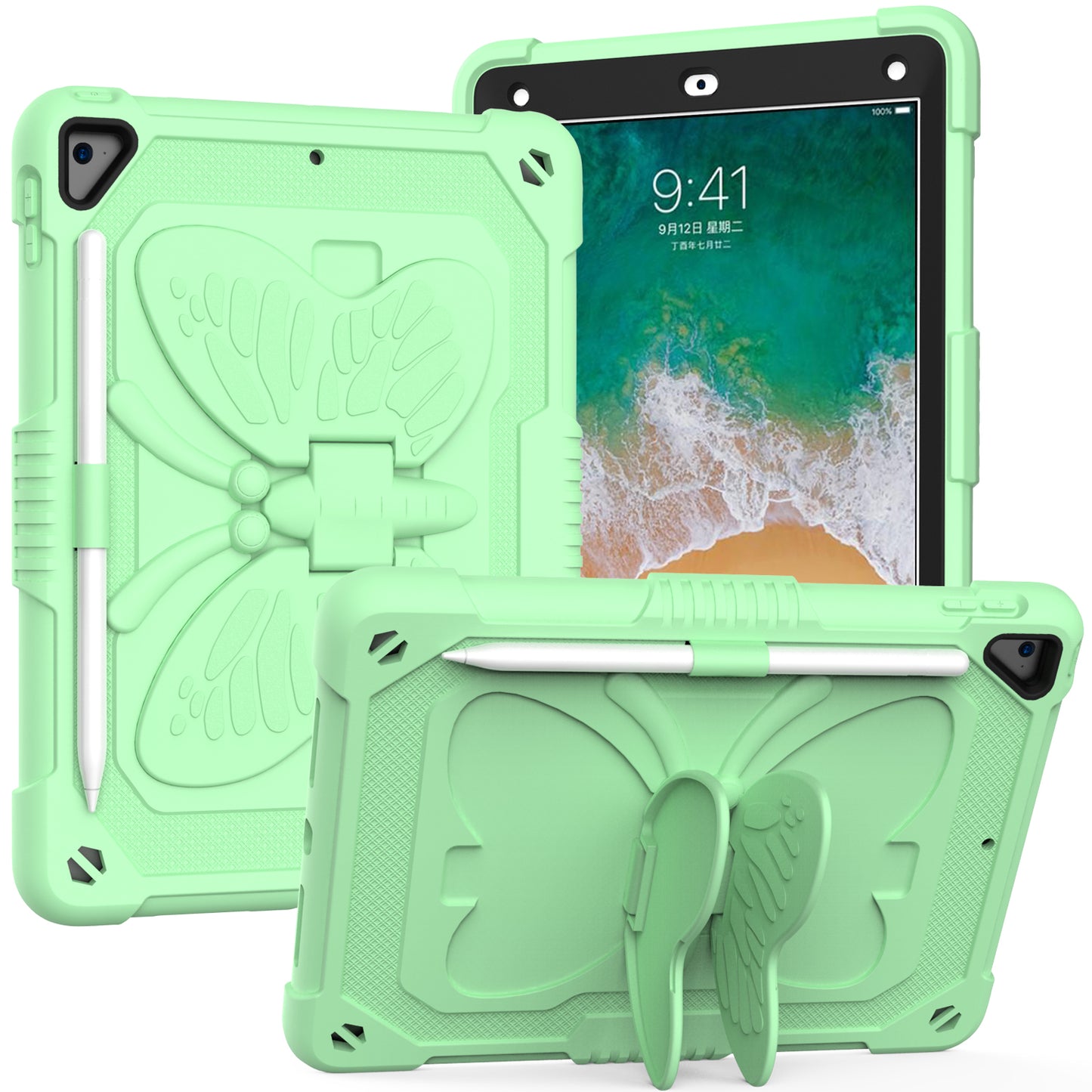 For Butterfly Wings Kickstand 3in1 Tough Hybrid with Pencil Holder Heavy Duty Rugged Shockproof Full Protective Green Tablet Case Cover