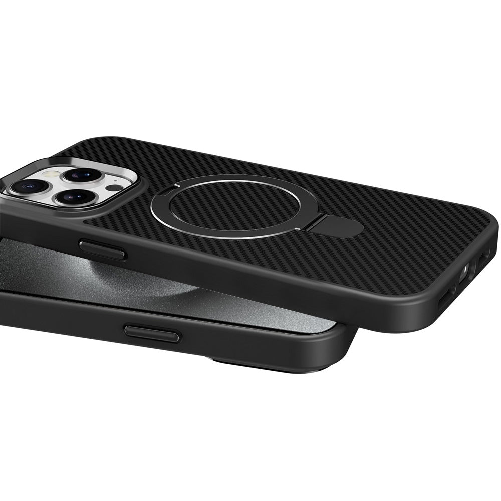 For Apple iPhone 15 Hybrid Carbon Fiber Design with MagSafe Compatible [Magnetic Circle], Ring Stand Shockproof Slim TPU Case Cover