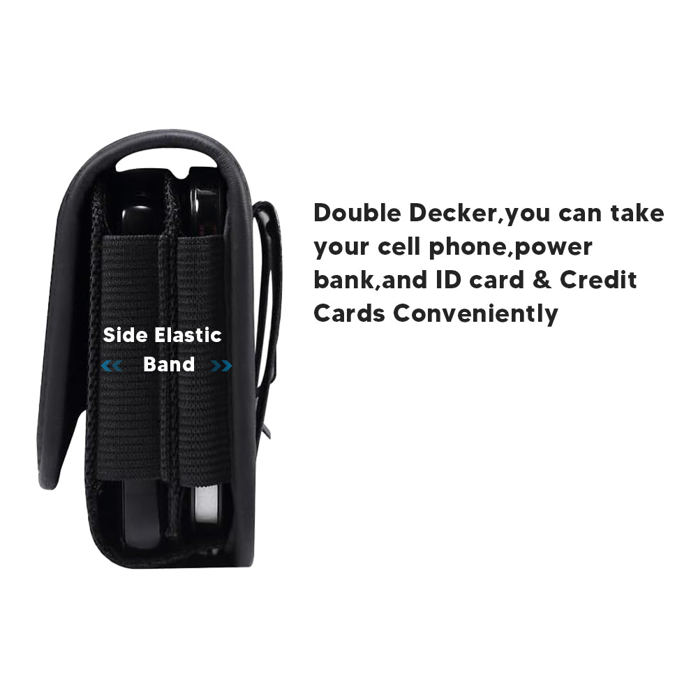 For Apple iPhone 16 Pro (6.3") Universal Dual Horizontal Nylon Case For Two Phone Carrying Pouch Large Cover with Card Storage Pocket & Belt Clip Loop Holster [Black]