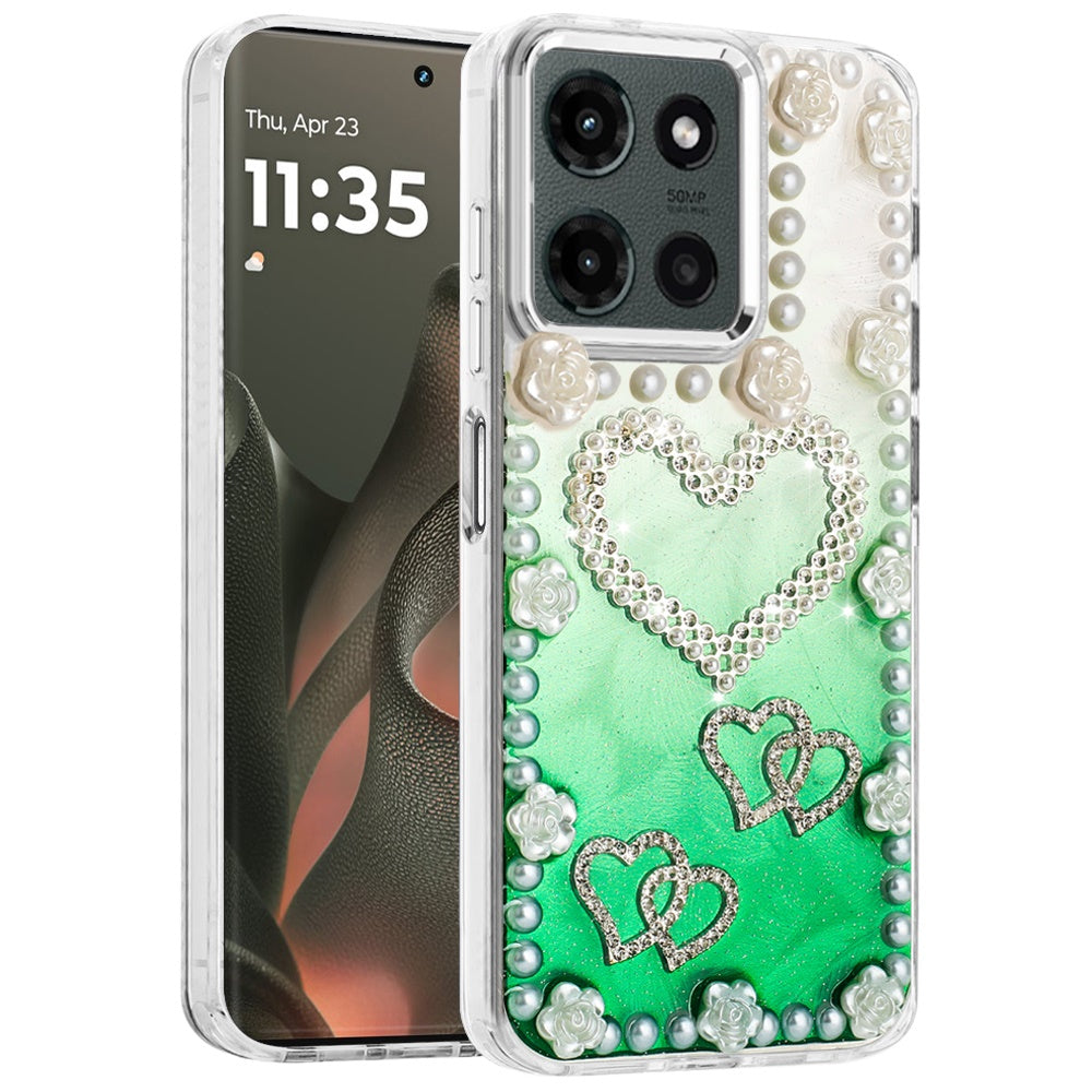 For Motorola Moto G Power 5G 2025 Bling Fashion Design with 3D Pearls Epoxy Glitter Ornaments Chrome Edge Hard Slim PC Case Cover