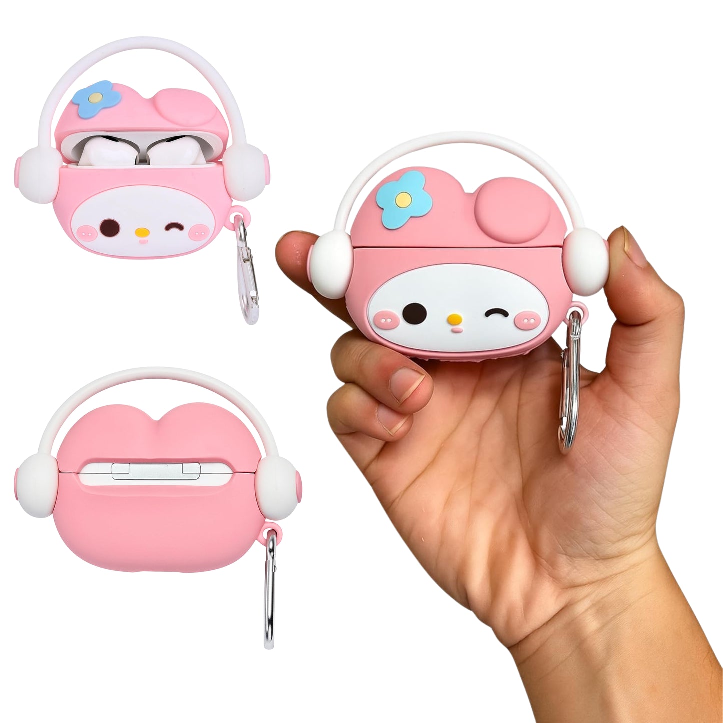 For Airpods Pro 3 Hybrid Cute 3D Fun Design Silicone Skin Cartoon Animal with Keychain Buckle Holder Rubber TPU Soft Case Cover Pink Kitty