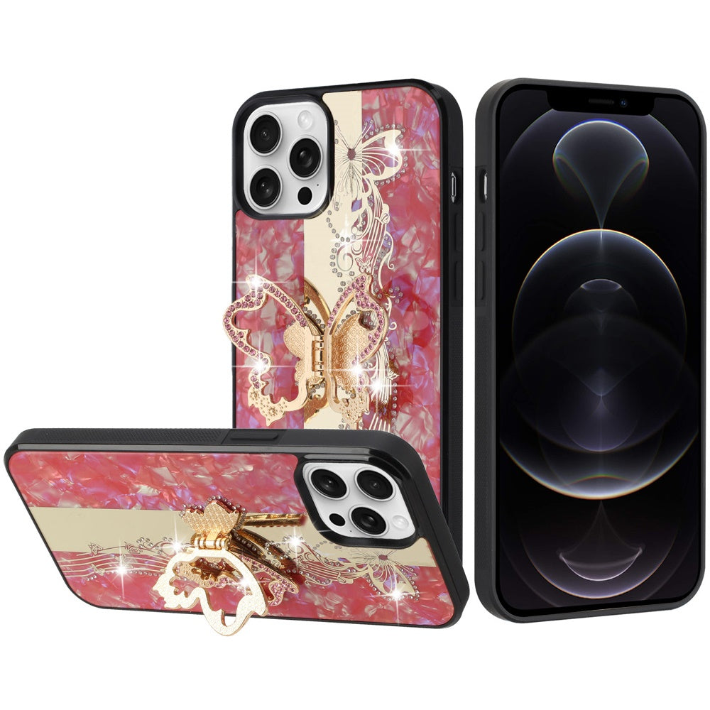 For Apple iPhone 12 Pro Max Diamond Bling Sparkly 3D Ornaments Engraving Hybrid with Ring Stand Fashion Case Cover Enchanted Butterfly Red