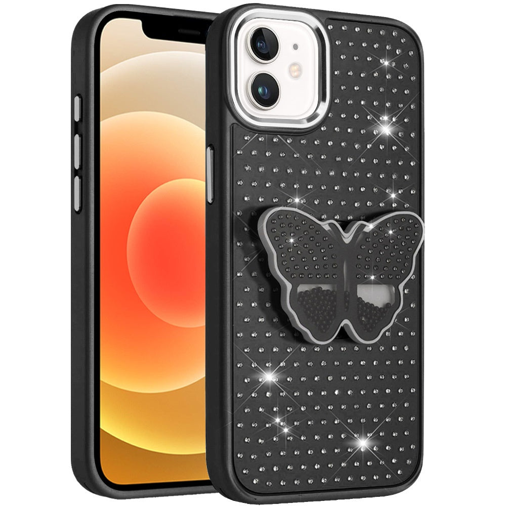 For Apple iPhone 14 /13 Butterfly Moveable Grip 3D Pop Stand Full Diamond Bling Sparkling TPU Fashion Hybrid Case Cover