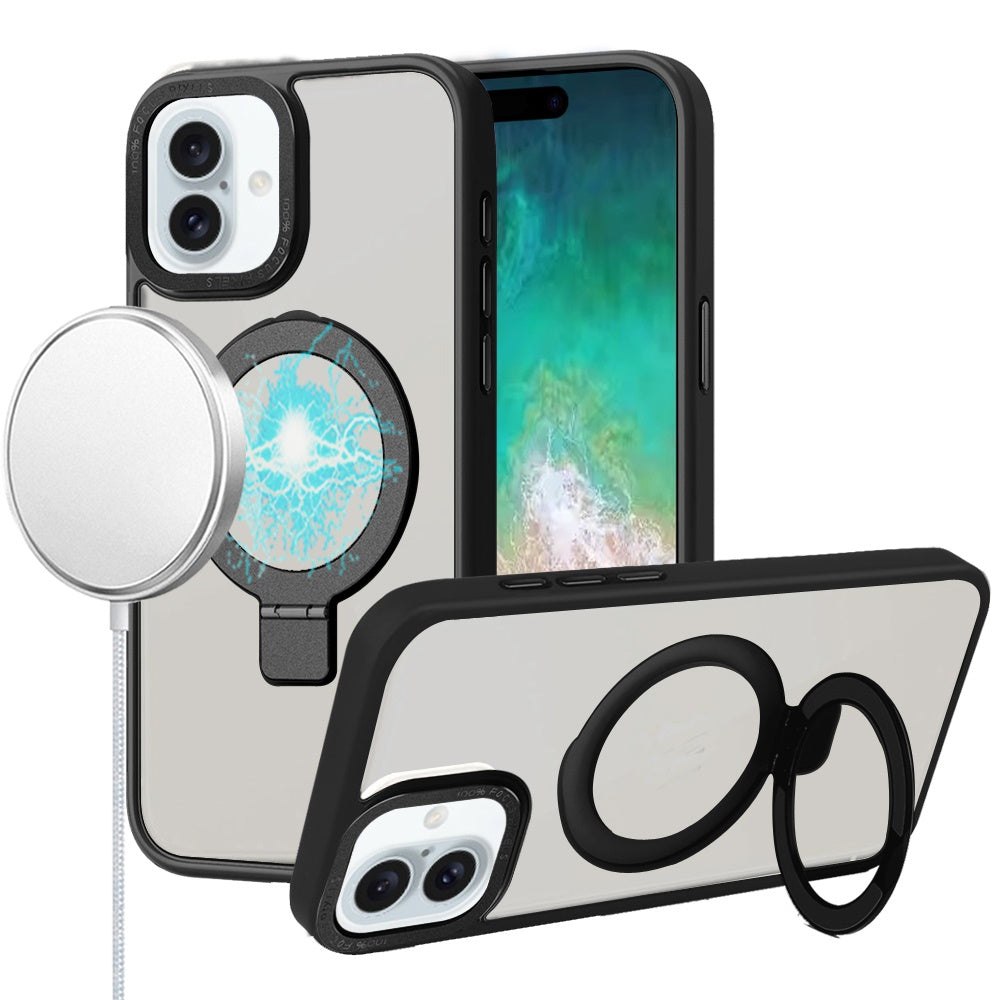For Apple iPhone 16e Magnetic Metal Matte with Built-in MagSafe Stand, Hybrid Shockproof Armor, TPU Frame Case Cover