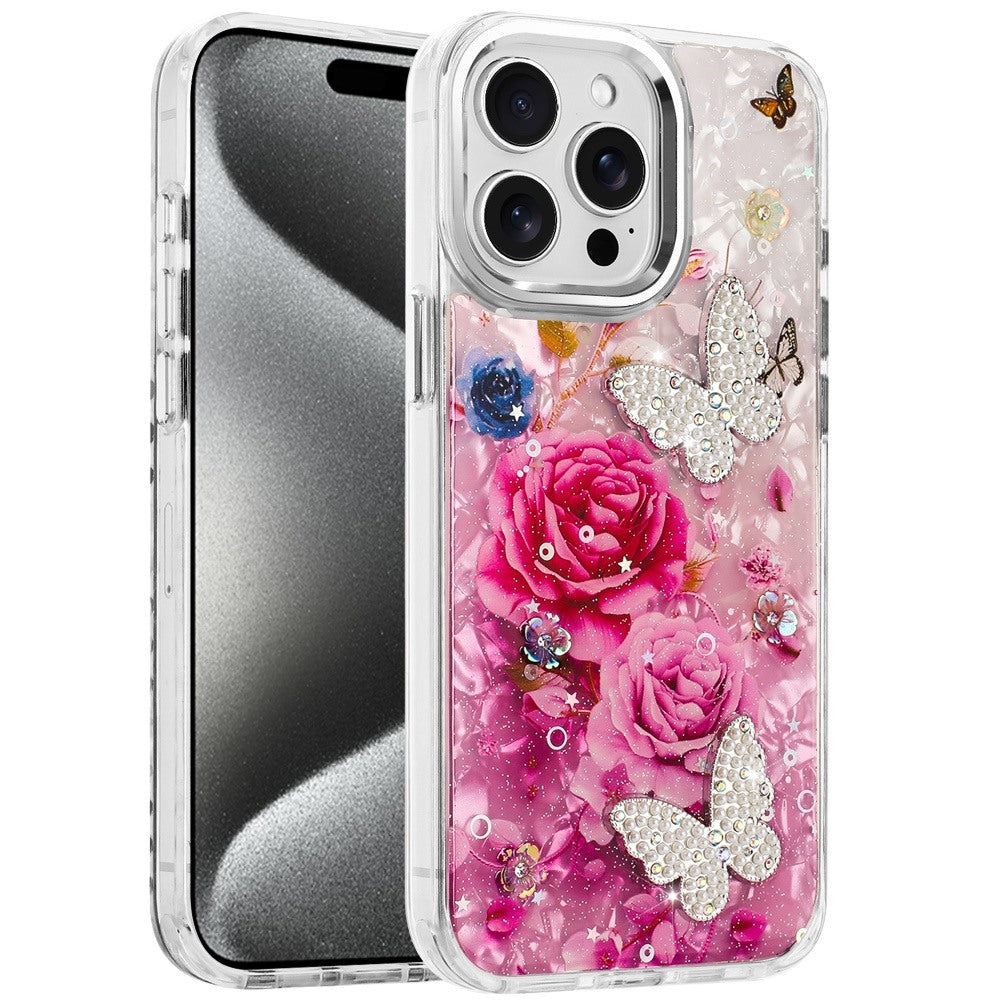 For Apple iPhone 16 Pro Max Epoxy Glitter Flowers Bling 3D Butterfly Fashion TPU Hybrid with Shockproof Protection Case Cover