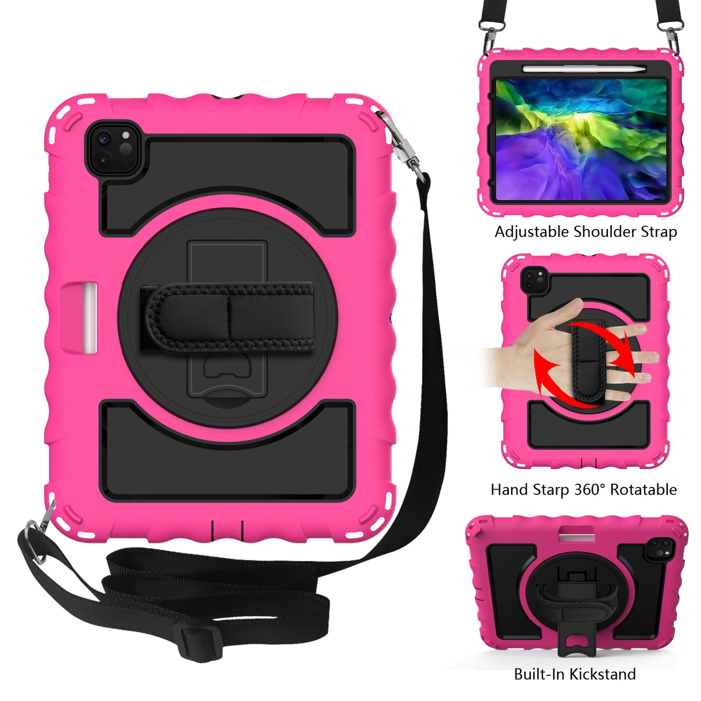 For Hybrid 3in1 Armor Rugged with Built-in Kickstand 360° Rotatable Stand & Shoulder Hand Strap Corner Shockproof Hot Pink Tablet Case Cover