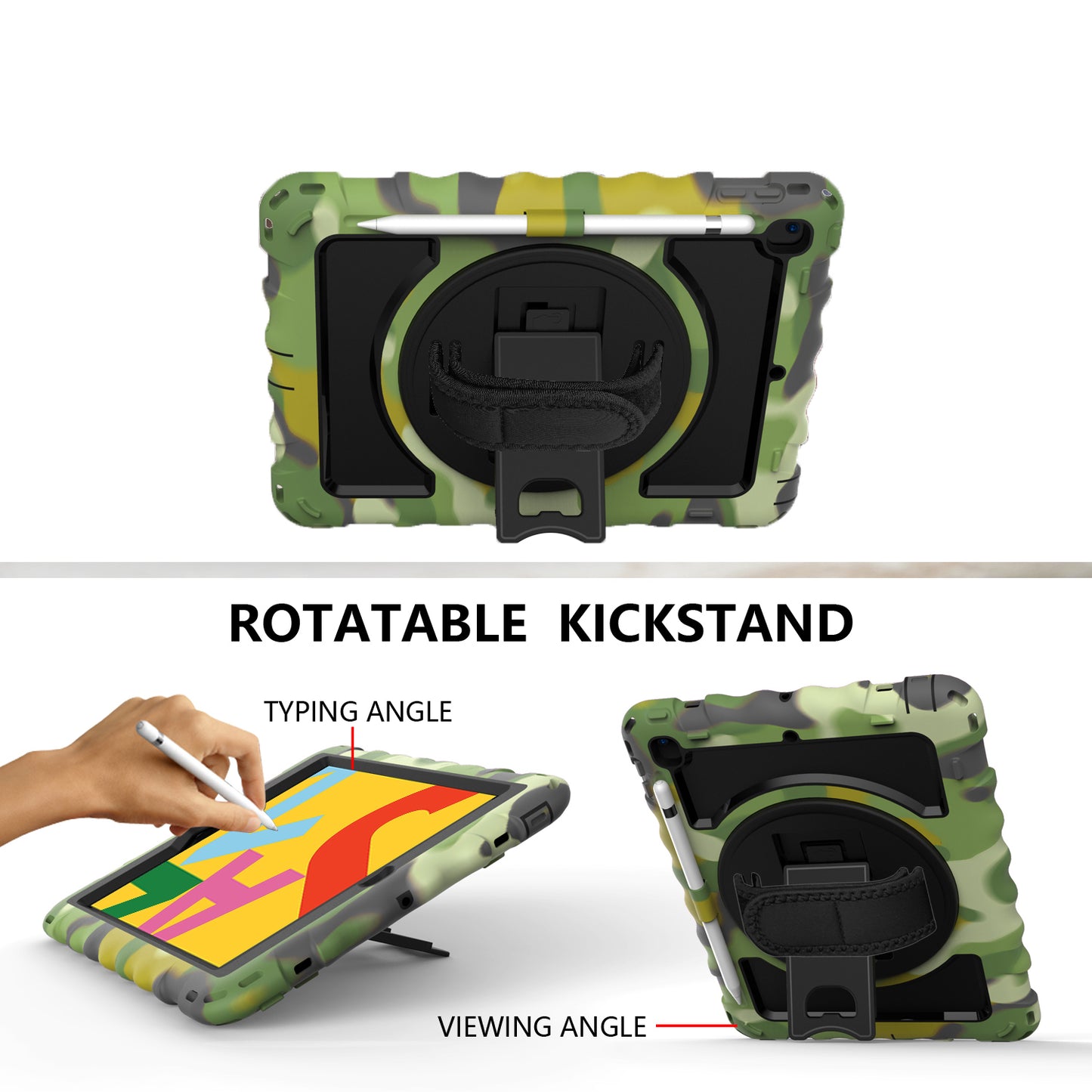 For Hybrid 3in1 Armor Rugged with Built-in Kickstand 360° Rotatable Stand & Shoulder Hand Strap Corner Shockproof Camouflage Tablet Case Cover