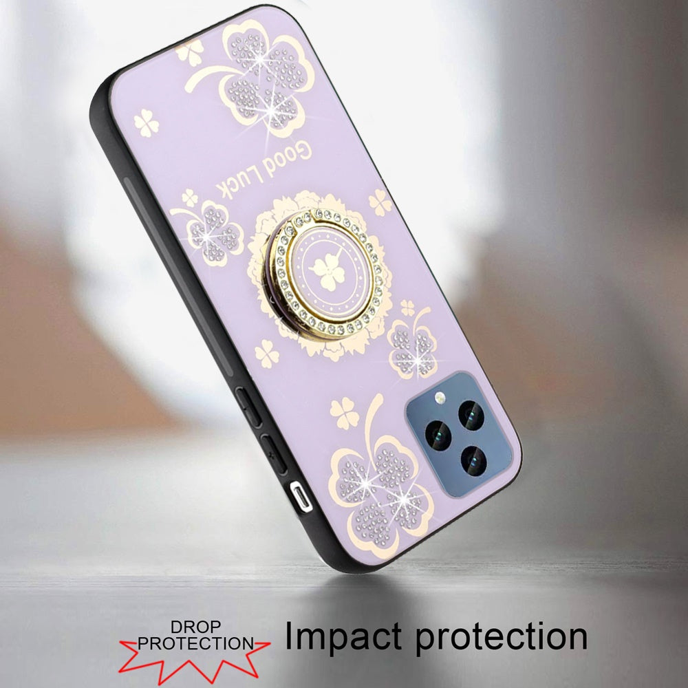 For Motorola Moto G 5G 2025 Diamonds 3D Fashion Floral Bling Sparkly Glitter Ornaments Engraving Hybrid with Ring Stand Case Cover Purple Good Luck Floral