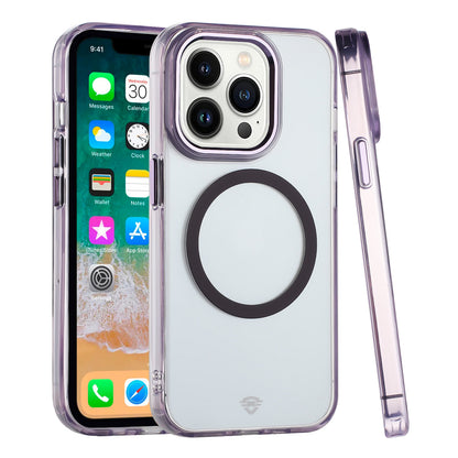 For Apple iPhone 16 (6.1") Transparent Back Hybrid Case - Magnetic Circle, Color Frame, Metal Buttons, MagSafe Compatible Case Cover Light Purple