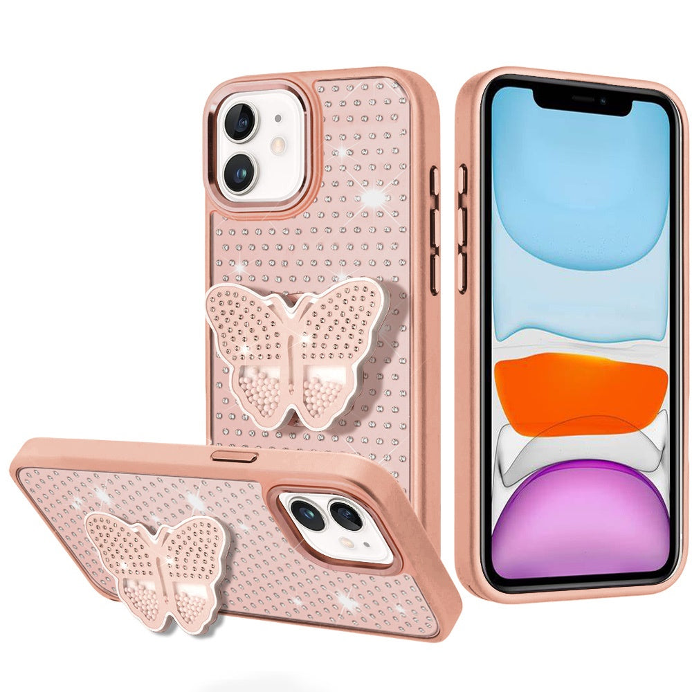 For Apple iPhone 11 Butterfly Moveable Grip 3D Pop Stand Full Diamond Bling Sparkling TPU Fashion Hybrid Case Cover