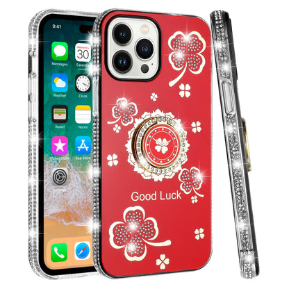 For Samsung Galaxy A06 Diamonds Bling All Around Edges Sparkly Glitter Hybrid with Ring Stand Holder Fashion Good Luck Case Cover