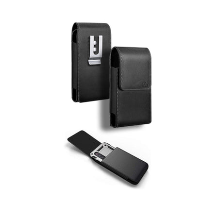 For Apple iPhone 16 (6.1") Universal PU Leather Vertical Phone Pouch Holder Carrying Case [Magnetic Closure] With Fixed Belt Clip Holster Hybrid [Black]