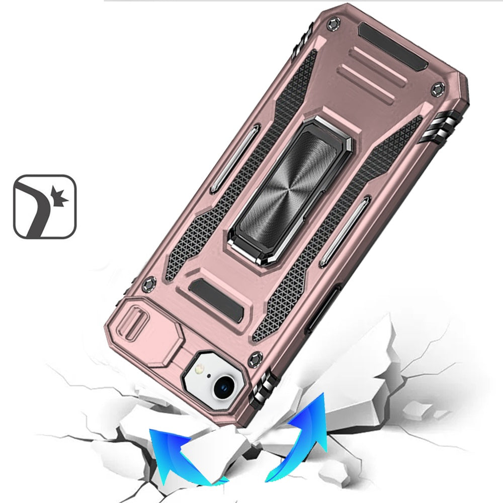 For Apple iPhone 16e Tough Hybrid Case with Movable Camera Window & Metal Ring Stand Shockproof Case Cover Rose gold