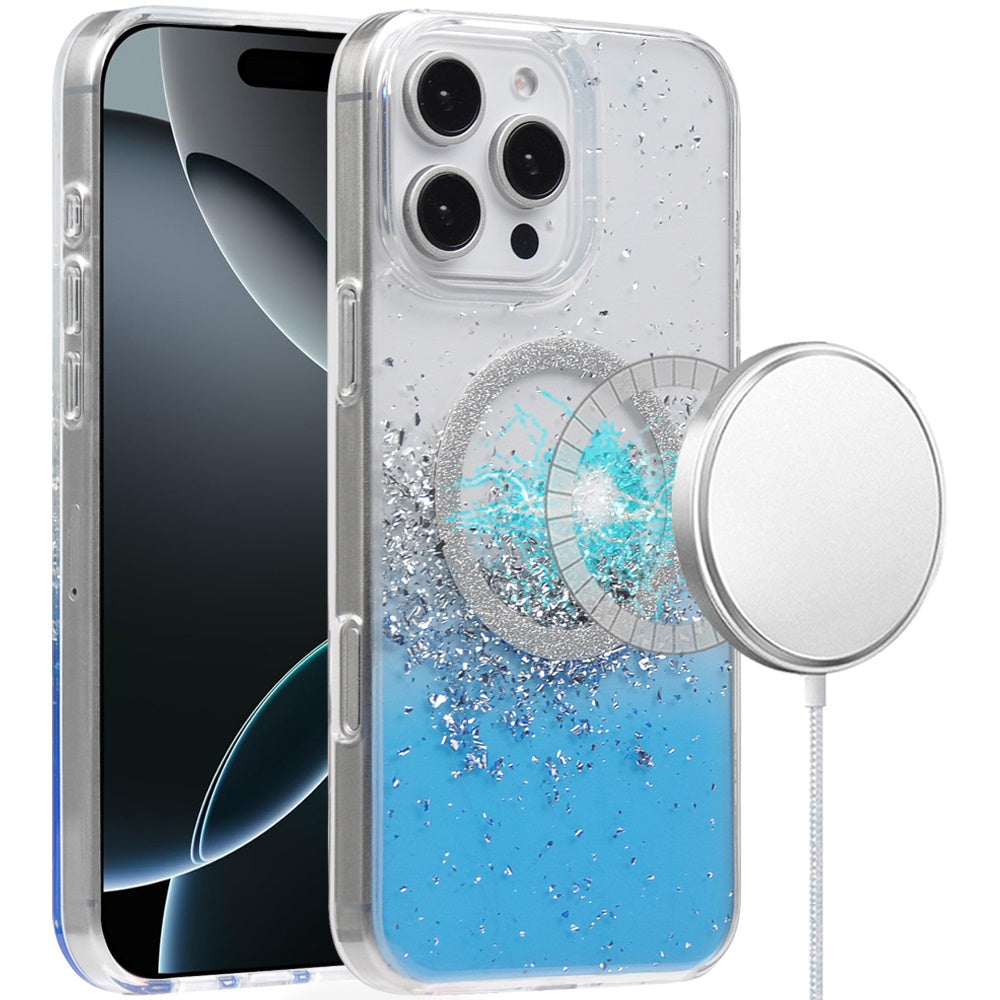 For Apple iPhone 16 Pro Max (6.9") Transparent Epoxy Glitter Magnetic Circle Compatible with MagSafe Hybrid Bling Sparkle Hard PC Slim TPU Case Cover