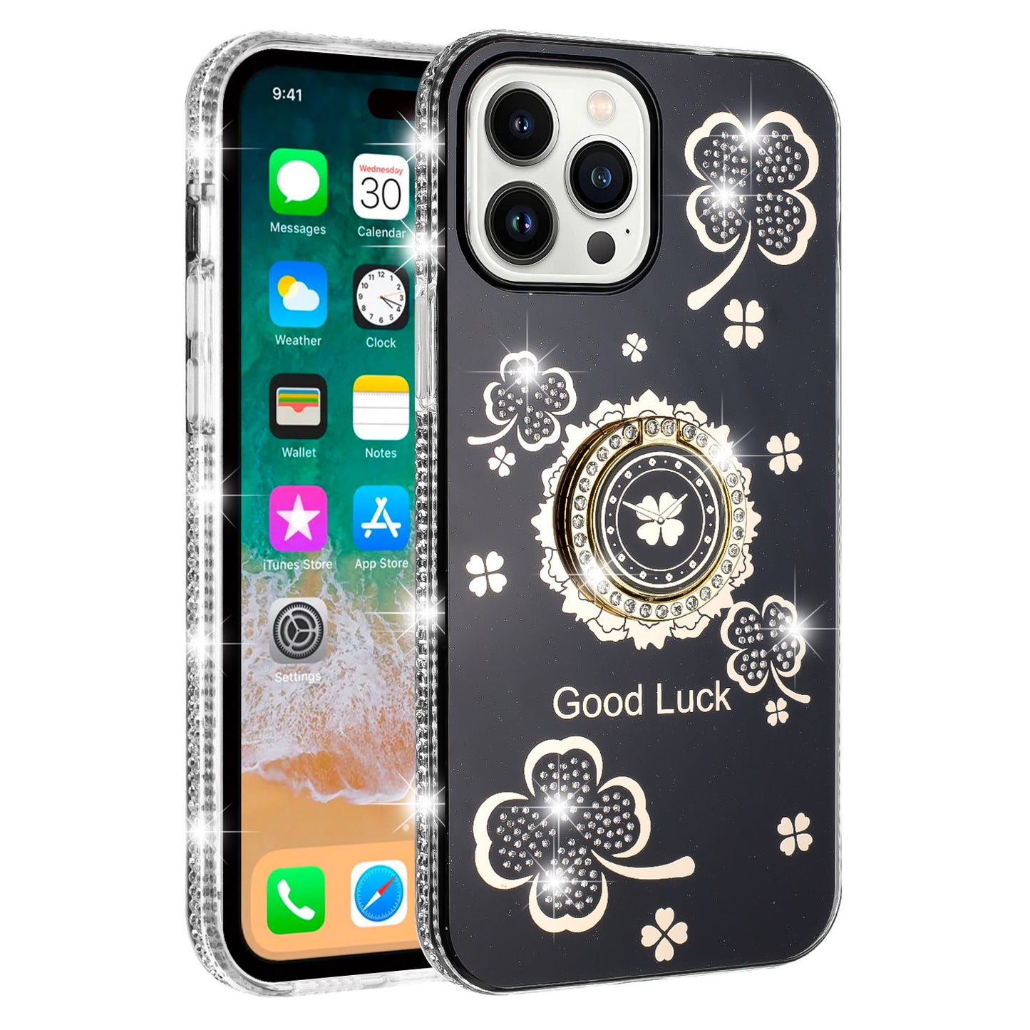 For Apple iPhone 16 Pro (6.3") Diamonds Bling All Around Edges Sparkly Glitter Hybrid with Ring Stand Holder Fashion Good Luck Case Cover