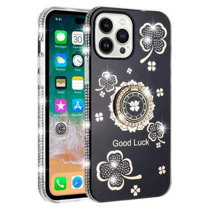 For Apple iPhone 16 Pro (6.3") Diamonds Bling All Around Edges Sparkly Glitter Hybrid with Ring Stand Holder Fashion Good Luck Case Cover