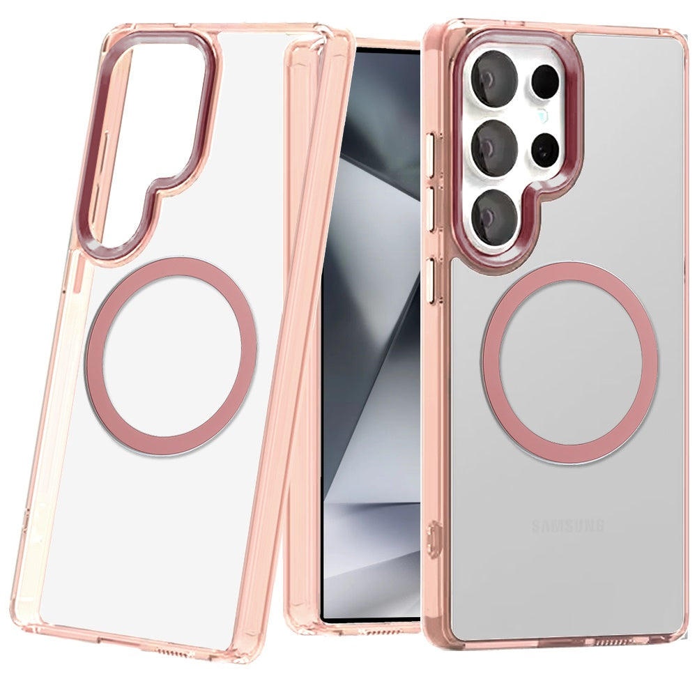 For Samsung Galaxy S24+ Plus Transparent Back Hybrid Case - Magnetic Circle, Color Frame, Metal Buttons, MagSafe Compatible Case Cover