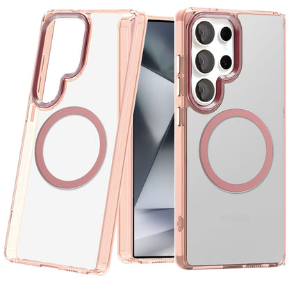 For Samsung Galaxy S24+ Plus Transparent Back Hybrid Case - Magnetic Circle, Color Frame, Metal Buttons, MagSafe Compatible Case Cover