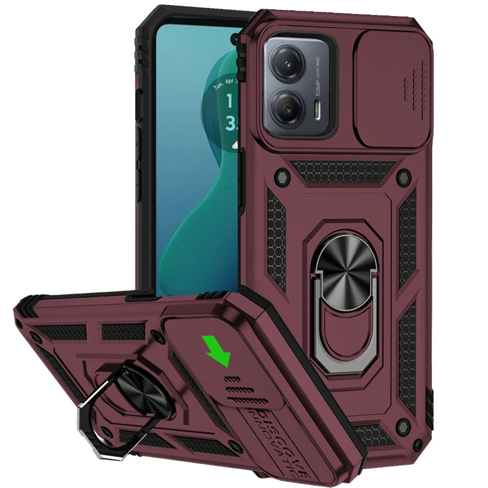 For Motorola Moto G 5G 2025 Hybrid Ring Shockproof with 360° Rotate Ring Kickstand, Camera Lens Protection, Soft Edge Bumper Case Cover Burgundy
