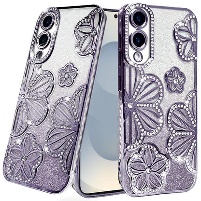 For Samsung Galaxy A26 Luxury Flower Design Sparkle Glitter Diamond Rhinestone Shimmer Bling Plating Thick TPU Hard PC Case Cover