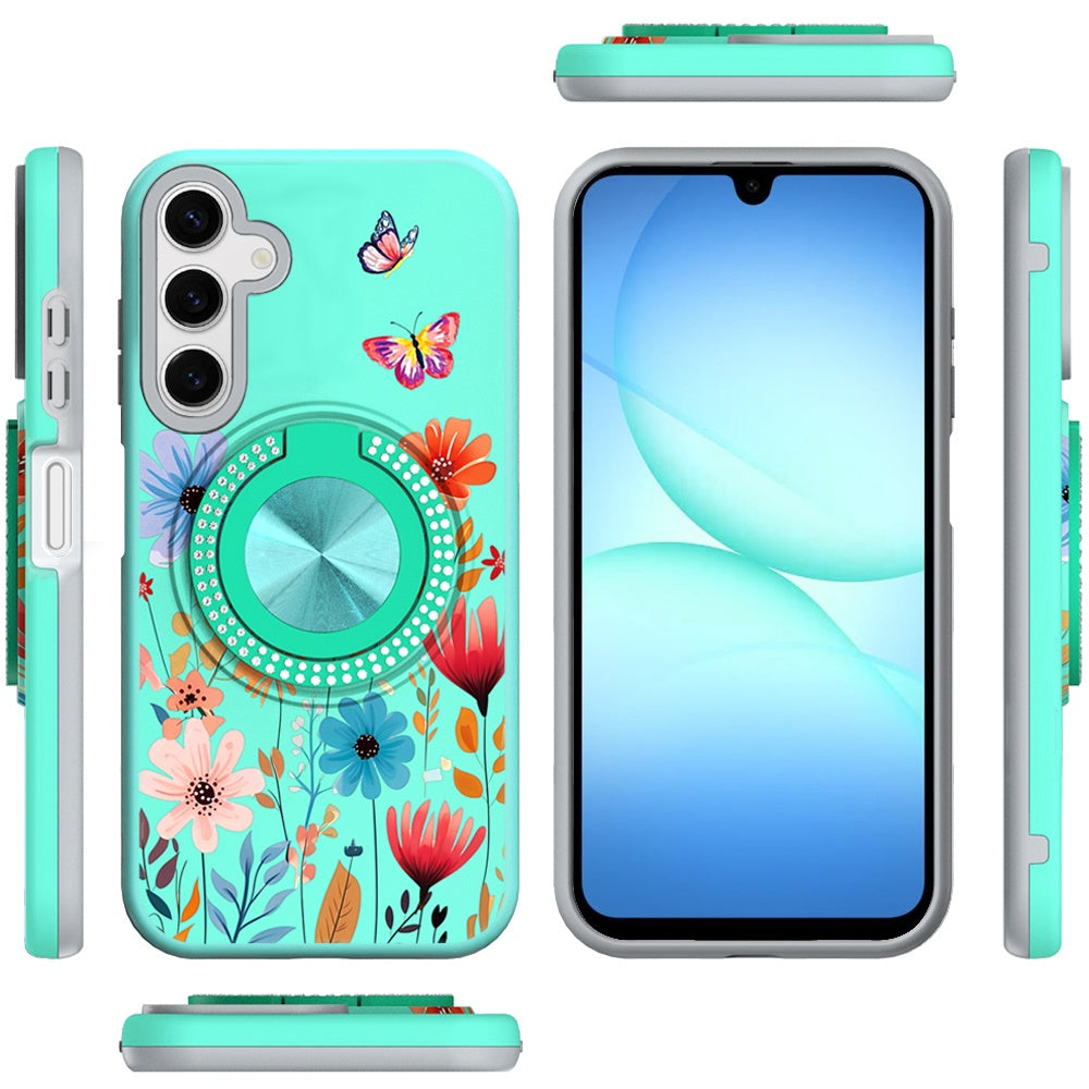 For Samsung Galaxy A17 5G Pattern Design Hybrid with Invisible Ring Stand & Magnetic Back, Shockproof Protective Grip Case Cover