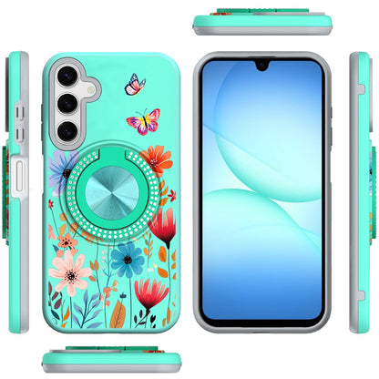 For Samsung Galaxy A17 5G Pattern Design Hybrid with Invisible Ring Stand & Magnetic Back, Shockproof Protective Grip Case Cover