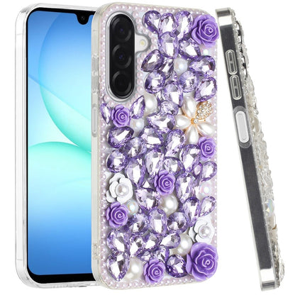 For Samsung Galaxy A17 5G Fashion Rose Flower Floral Bling Crystal 3D Full Diamonds Pearl Sparkle Rhinestone Glitter Hybrid Case Cover