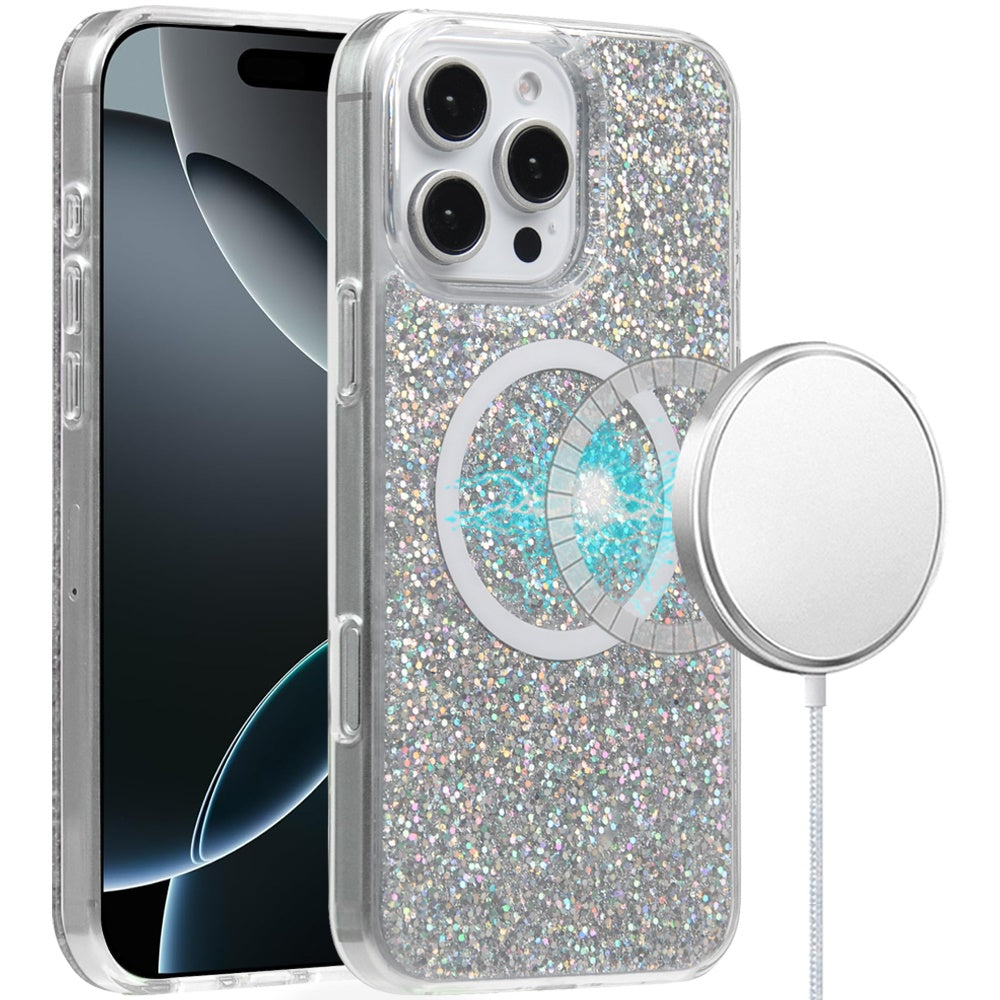 For Apple iPhone 16 Pro Max (6.9") Transparent Epoxy Glitter Magnetic Circle Compatible with MagSafe Hybrid Bling Sparkle Hard PC Slim TPU Case Cover