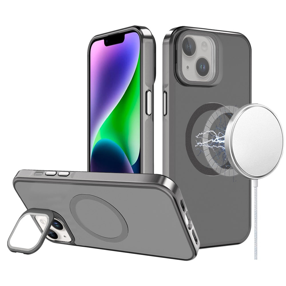 For Apple iPhone 15 Tough HQ Hybrid Case with Aluminum Frame Camera Stand, Compatible with MagSafe, Translucent Matte Shockproof Case Cover