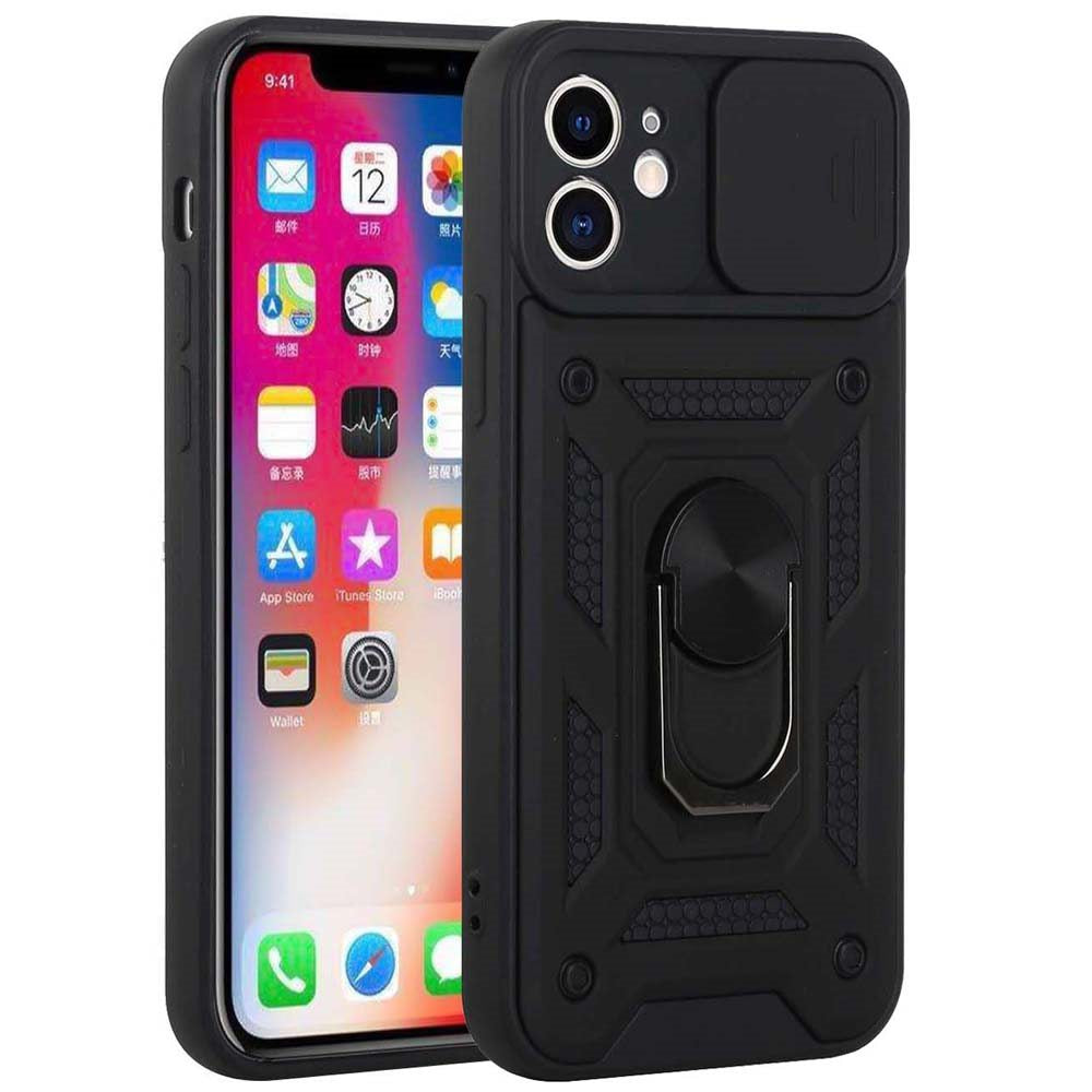 For Apple iPhone 16e Hybrid Case with Slide Camera Lens Cover, Ring Kickstand, Heavy-Duty Dual Layer TPU, Fit Magnet Car Mount Case Cover