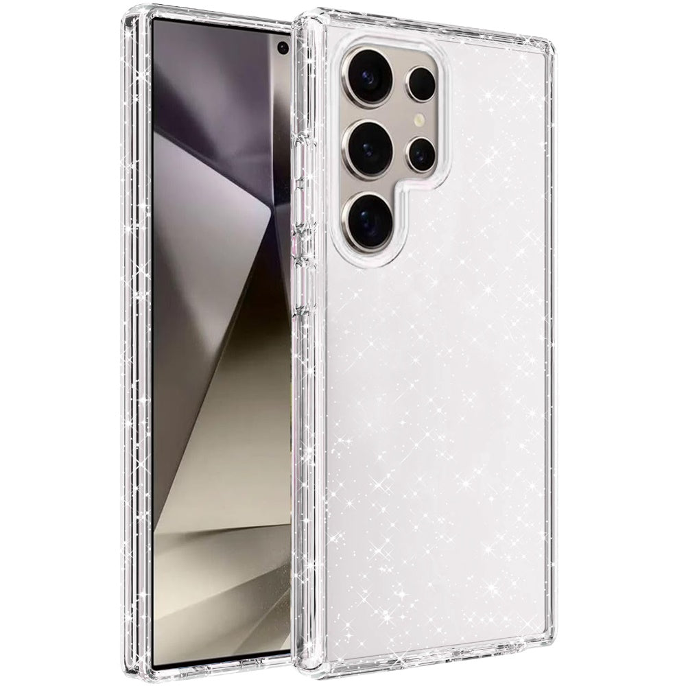 For Samsung Galaxy S25 Ultra Transparent Glitter Shiny Sparkle Bling TPU Rubber Hard Back Hybrid Frame Shockproof Case Cover