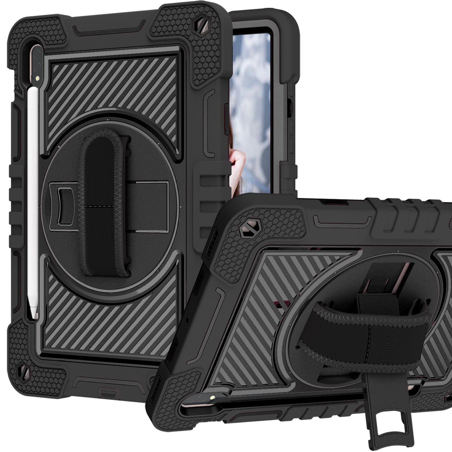 For Hybrid 3in1 Multi-Functional Shockproof Tablet Case with Hand, Shoulder Strap, Pencil & Stand Holder Black Tablet Case Cover