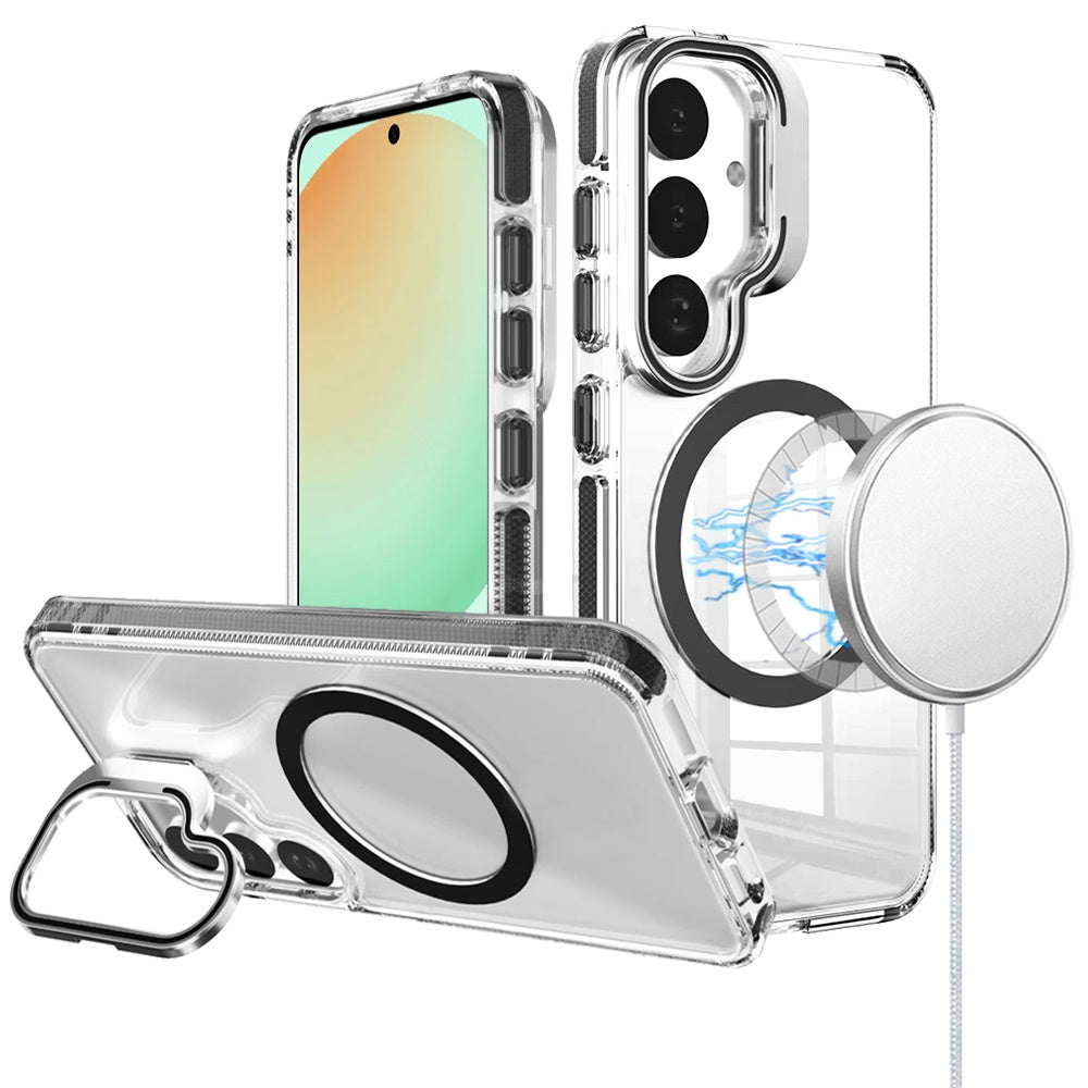 For Samsung Galaxy S25+ /S25 Plus /S24+ Plus Built-in Camera Kick-Stand, Compatible with MagSafe, Transparent Colorful Edged Tough Hybrid TPU Case Cover Clear Black