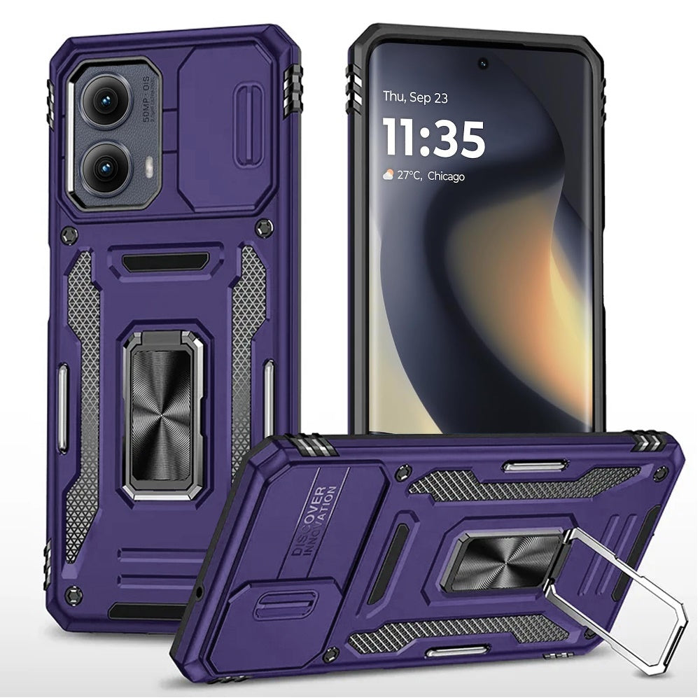 For Apple iPhone 16e Tough Hybrid Case with Movable Camera Window & Metal Ring Stand Shockproof Case Cover Dark Purple