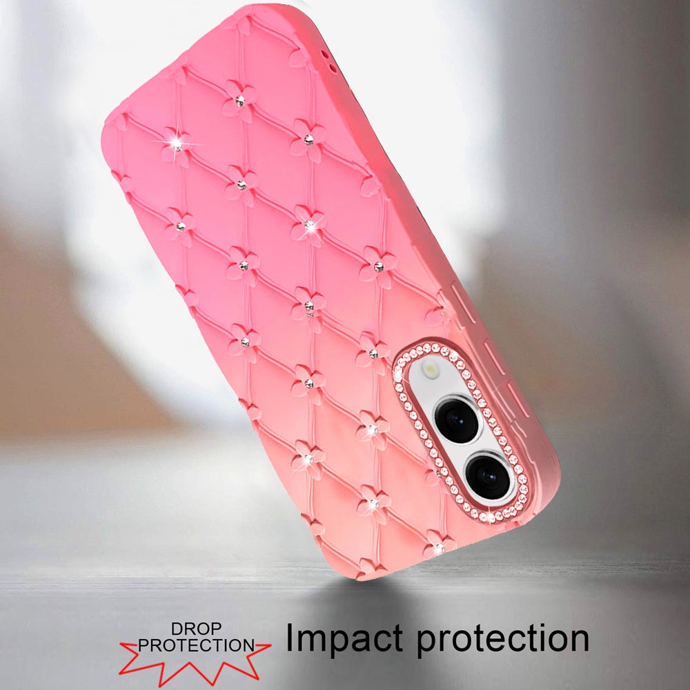 For Samsung Galaxy S25 EDGE Fashion Flower Design Sparkle Glitter Shimmer Rhinestone Bling Floral Accents, Leather Texture TPU Case Cover